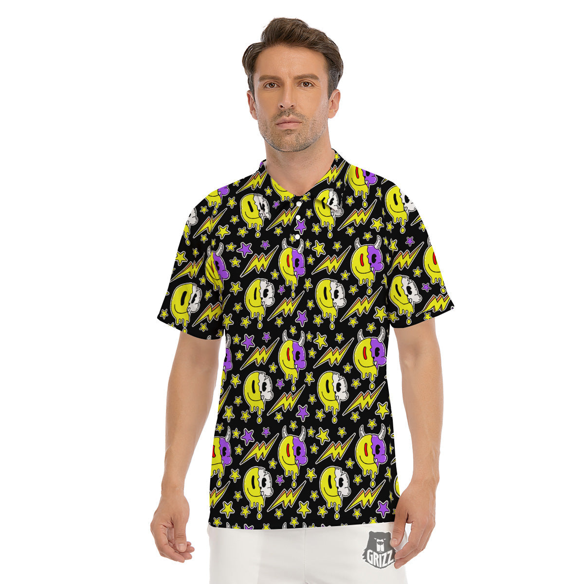 Psychedelic Trippy Acid Emoji Print Pattern Men's Golf Shirts-grizzshop