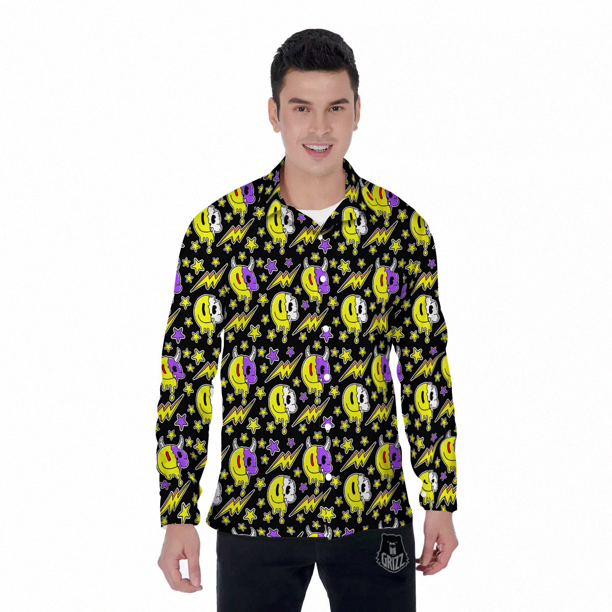 Psychedelic Trippy Acid Emoji Print Pattern Men's Long Sleeve Shirts-grizzshop