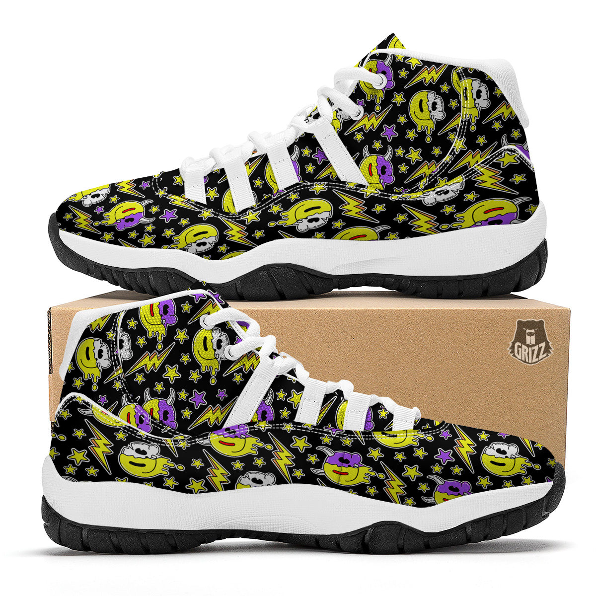 Psychedelic Trippy Acid Emoji Print Pattern White Bball Shoes-grizzshop