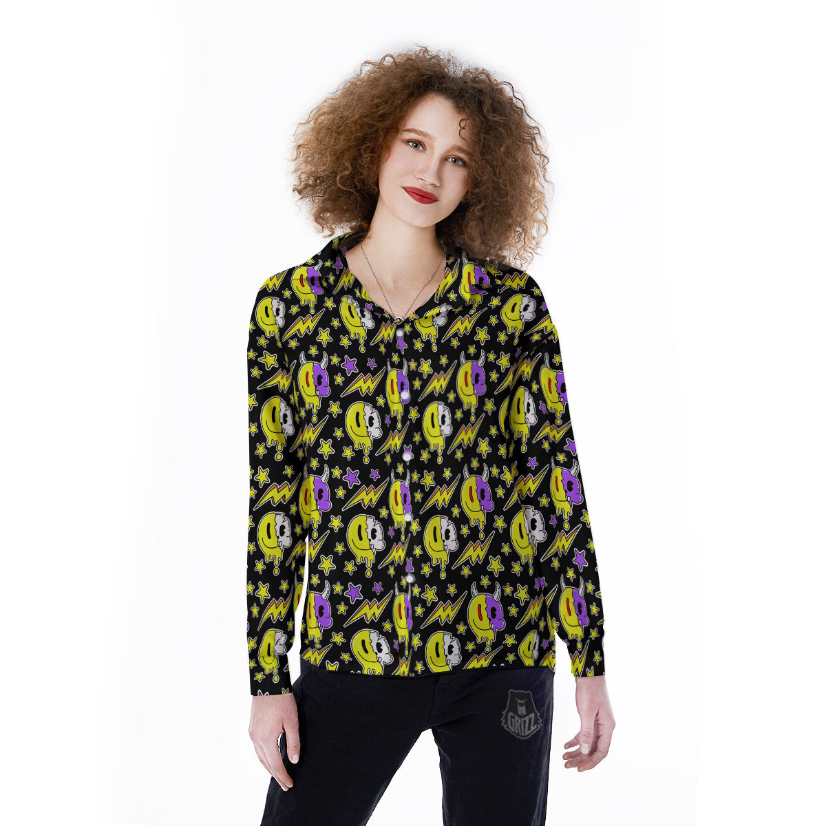 Psychedelic Trippy Acid Emoji Print Pattern Women's Long Sleeve Shirts-grizzshop