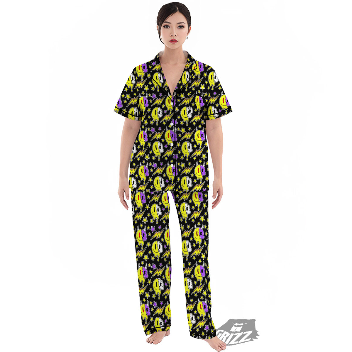 Psychedelic Trippy Acid Emoji Print Pattern Women's Pajamas Set-grizzshop