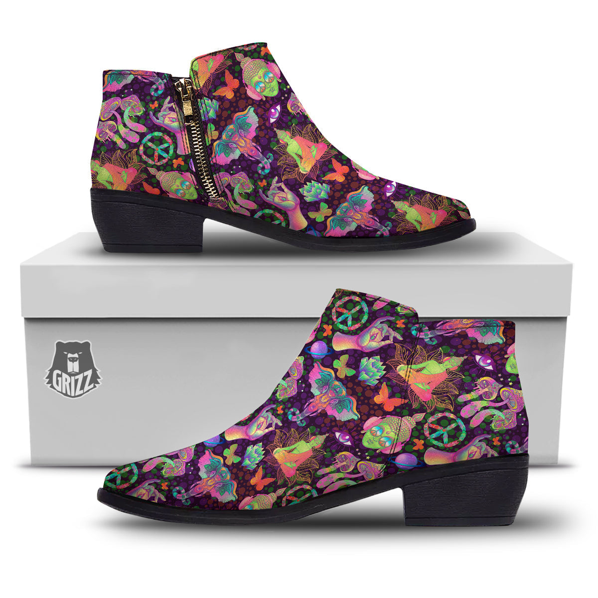 Psychedelic Trippy Drug Cartoon Print Pattern Ankle Boots-grizzshop