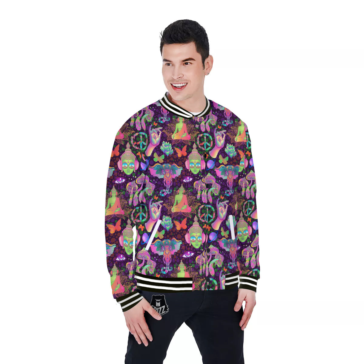 Psychedelic Trippy Drug Cartoon Print Pattern Baseball Jacket-grizzshop