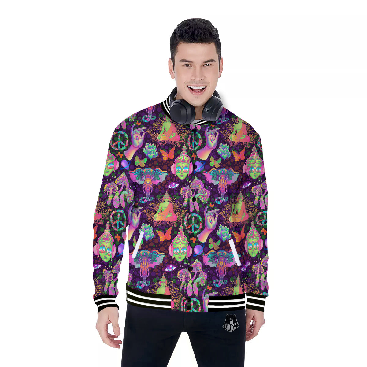 Psychedelic Trippy Drug Cartoon Print Pattern Baseball Jacket-grizzshop
