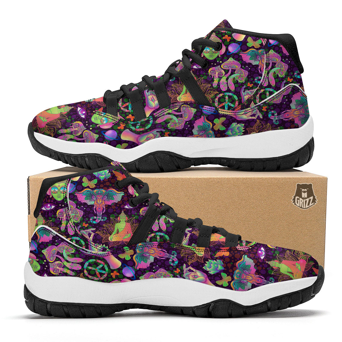 Psychedelic Trippy Drug Cartoon Print Pattern Black Bball Shoes-grizzshop