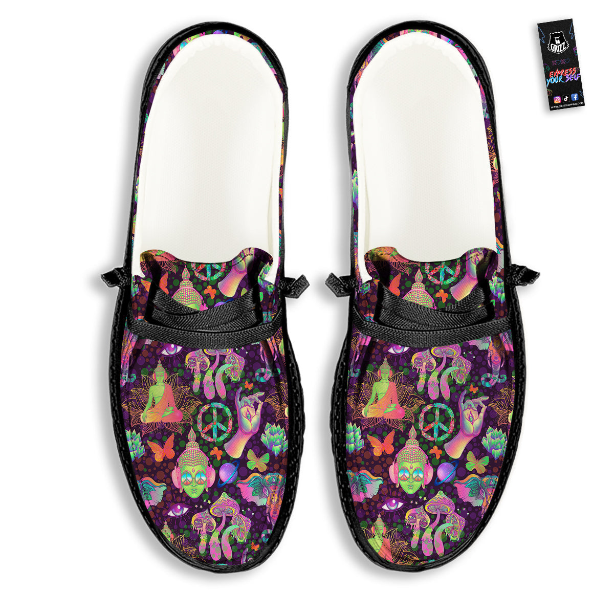 Psychedelic Trippy Drug Cartoon Print Pattern Black Loafers-grizzshop