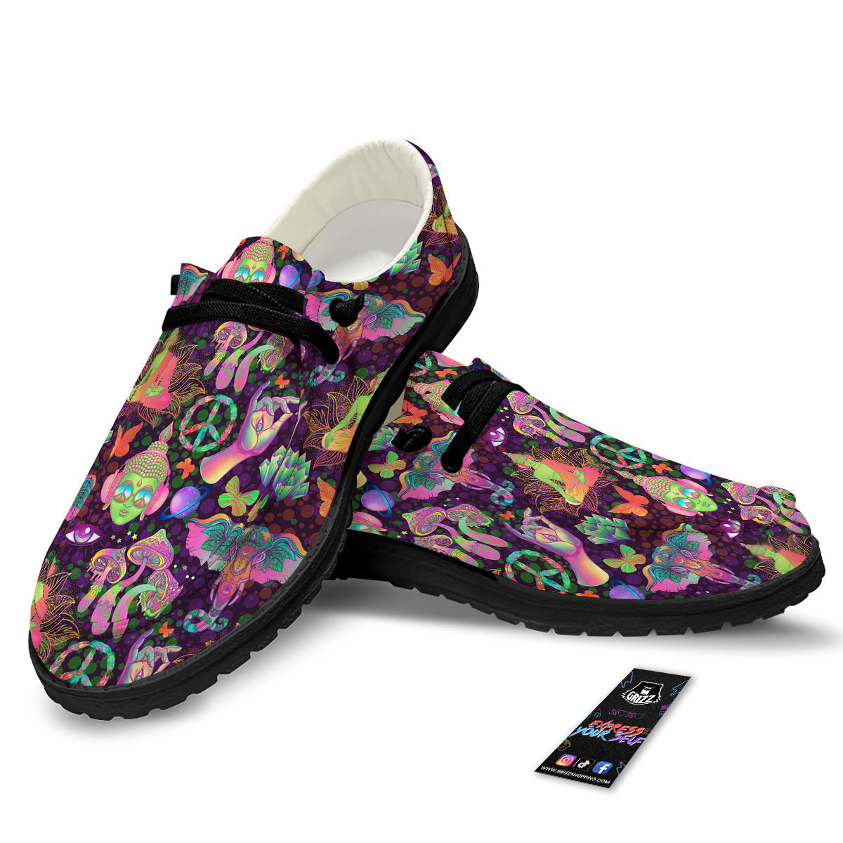 Psychedelic Trippy Drug Cartoon Print Pattern Black Loafers-grizzshop