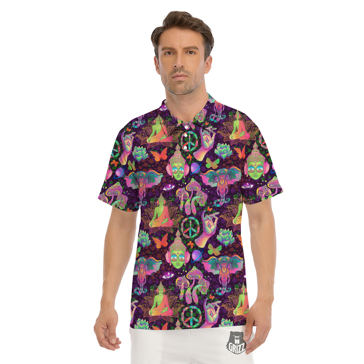 Psychedelic Trippy Drug Cartoon Print Pattern Men's Golf Shirts-grizzshop