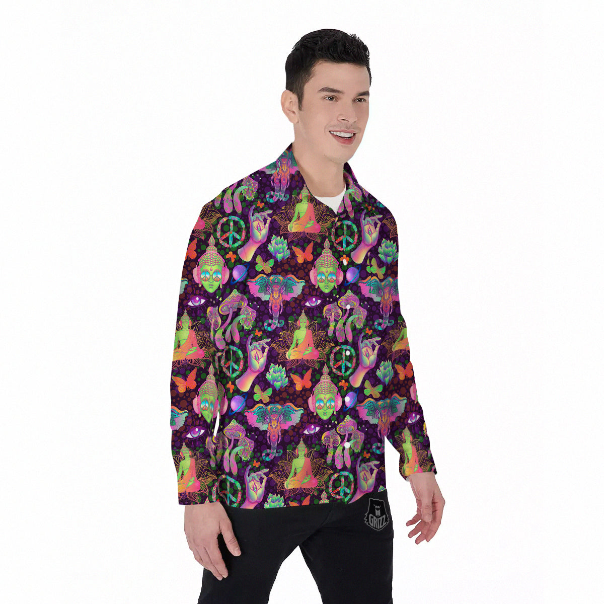 Psychedelic Trippy Drug Cartoon Print Pattern Men's Long Sleeve Shirts-grizzshop