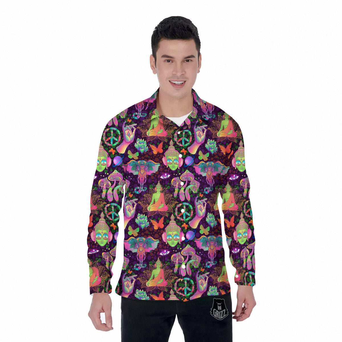 Psychedelic Trippy Drug Cartoon Print Pattern Men's Long Sleeve Shirts-grizzshop