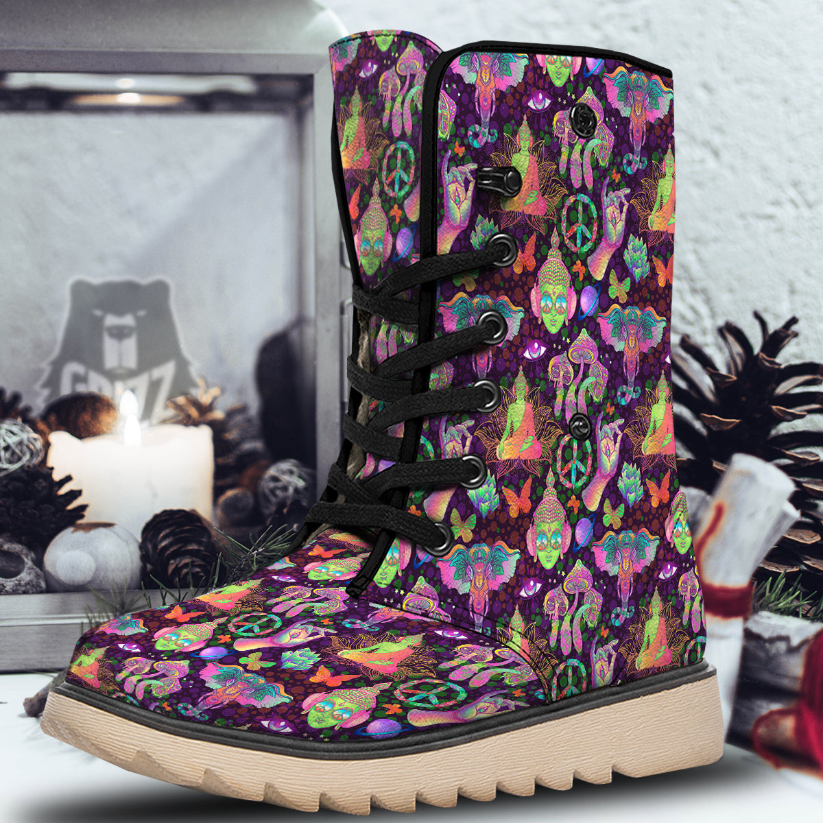 Psychedelic Trippy Drug Cartoon Print Pattern Snow Boots-grizzshop