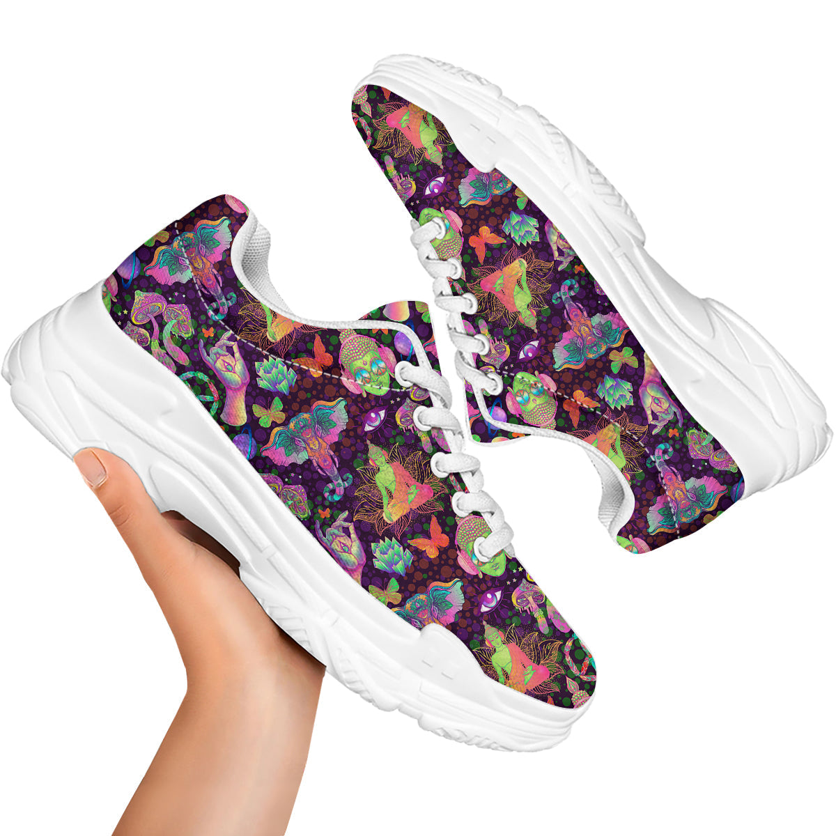 Psychedelic Trippy Drug Cartoon Print Pattern White Chunky Shoes-grizzshop