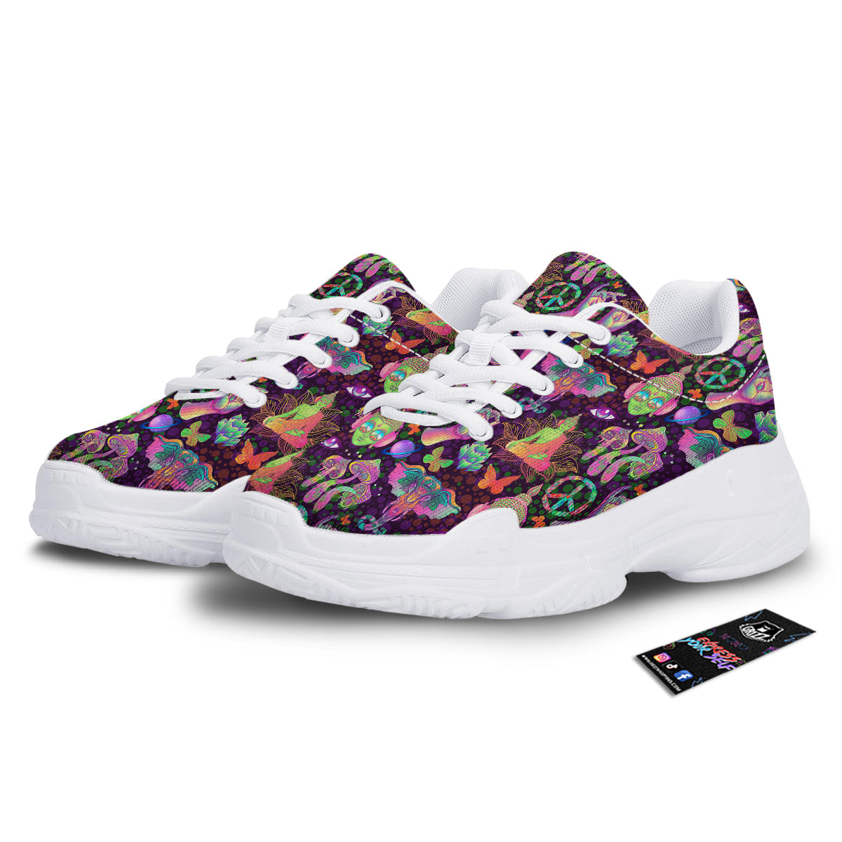 Psychedelic Trippy Drug Cartoon Print Pattern White Chunky Shoes-grizzshop