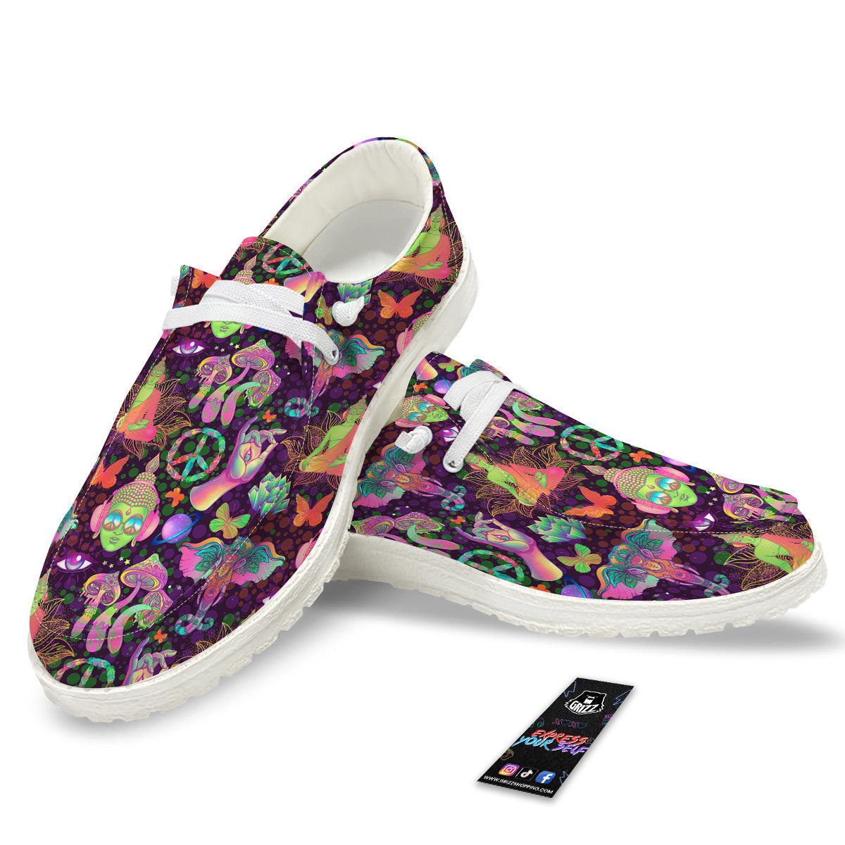 Psychedelic Trippy Drug Cartoon Print Pattern White Loafers-grizzshop