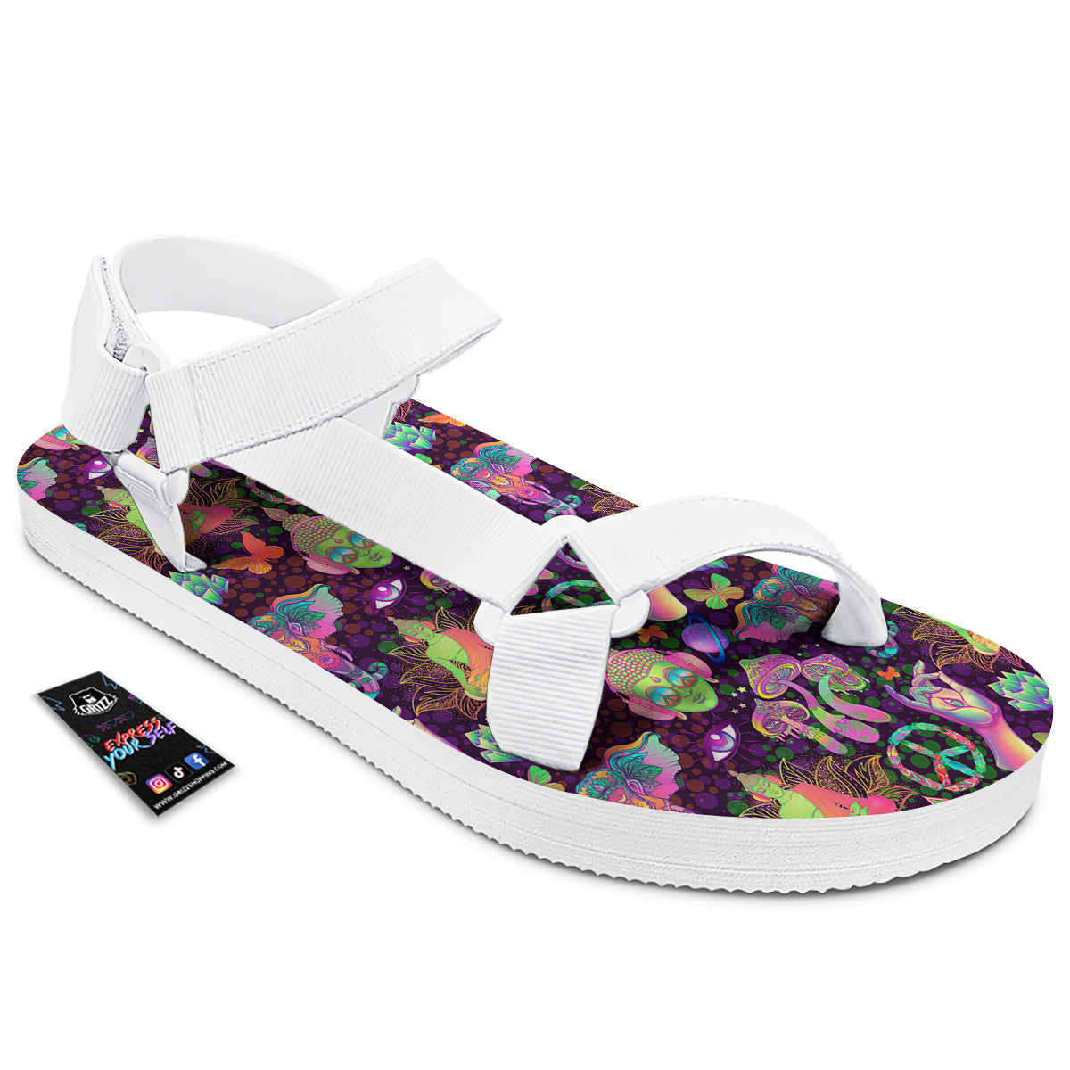 Psychedelic Trippy Drug Cartoon Print Pattern White Open Toe Sandals-grizzshop