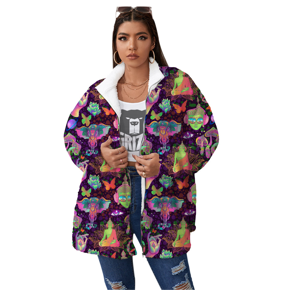 Psychedelic Trippy Drug Cartoon Print Pattern Women's Sherpa Jacket-grizzshop