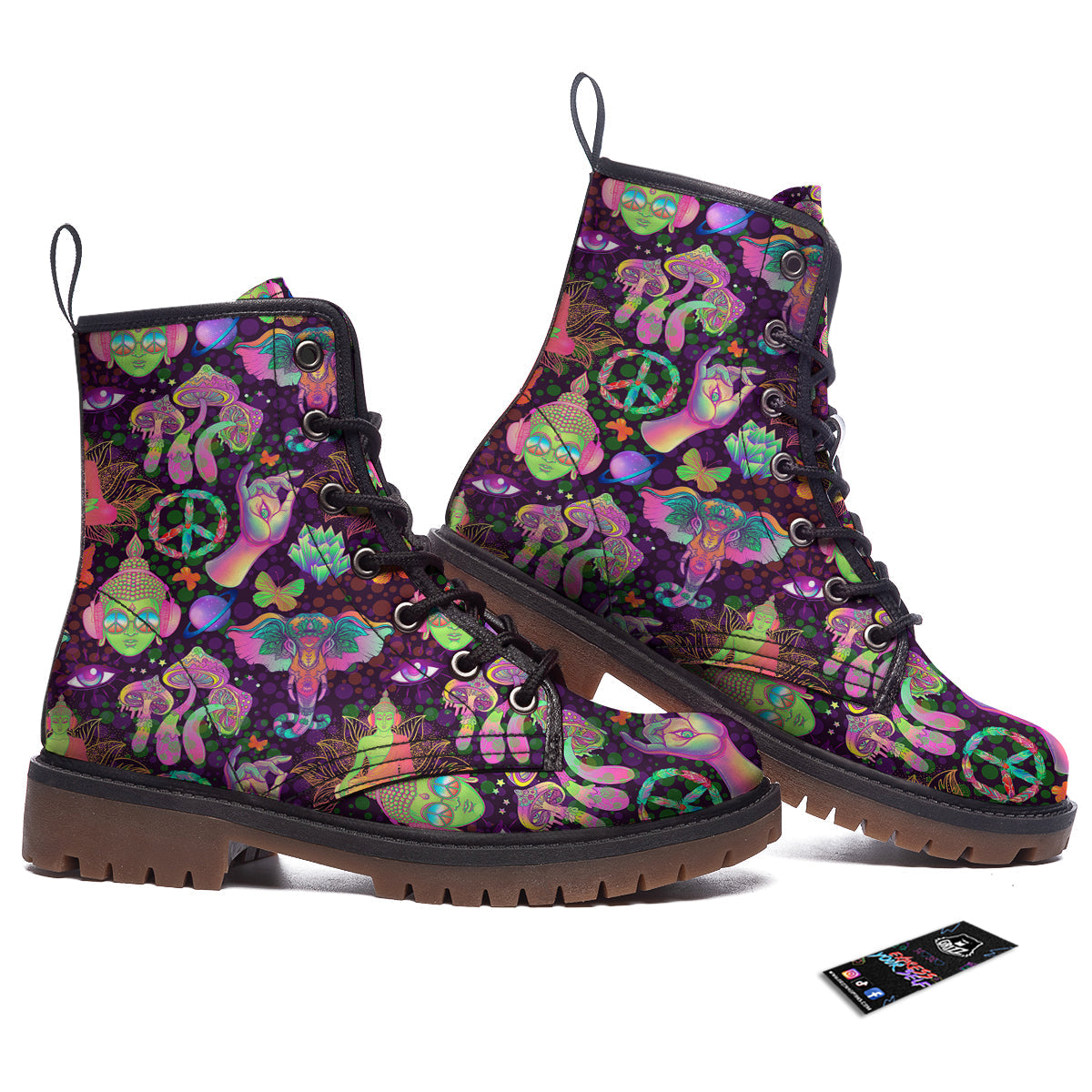 Psychedelic Trippy Drug Cartoon Print Pattern Work Boots-grizzshop