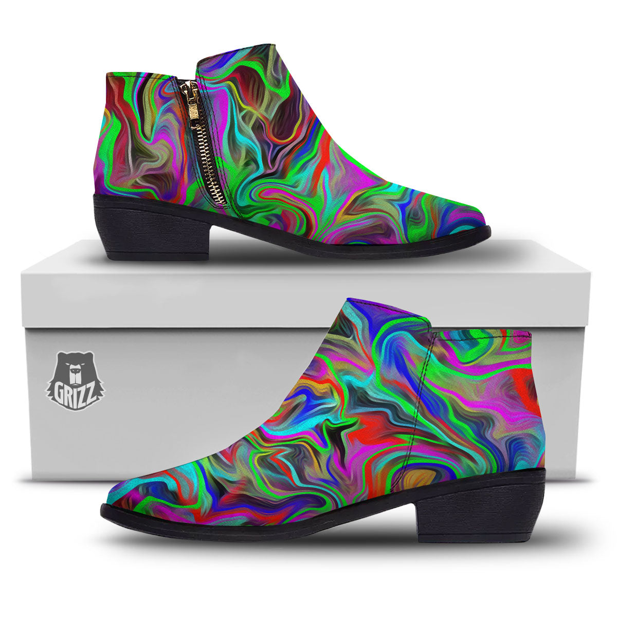 Psychedelic Trippy Neon Green Print Ankle Boots-grizzshop