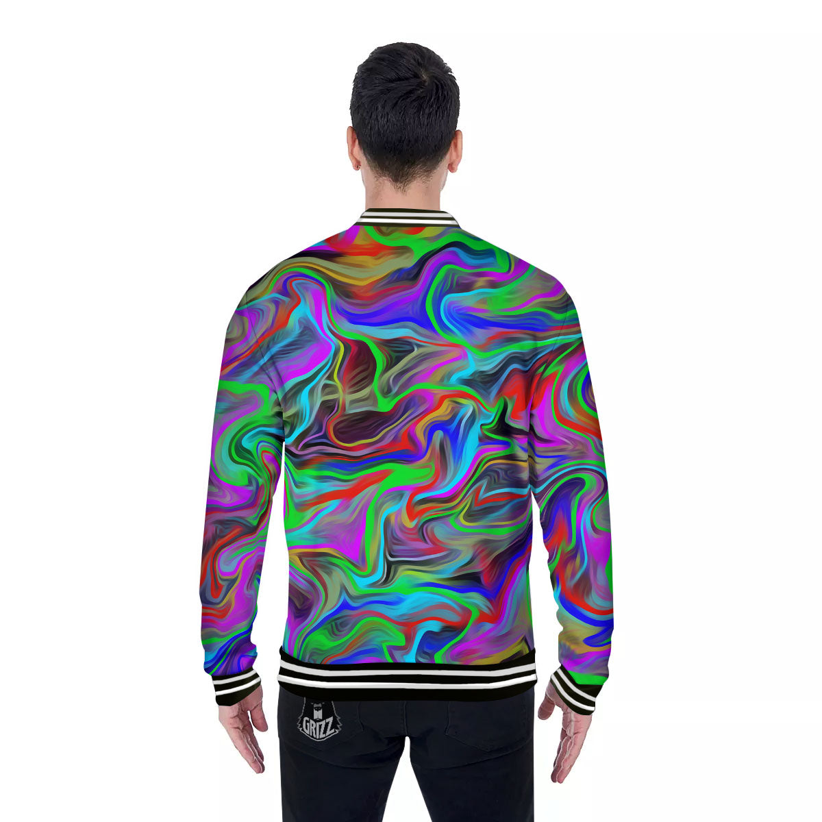 Psychedelic Trippy Neon Green Print Baseball Jacket-grizzshop