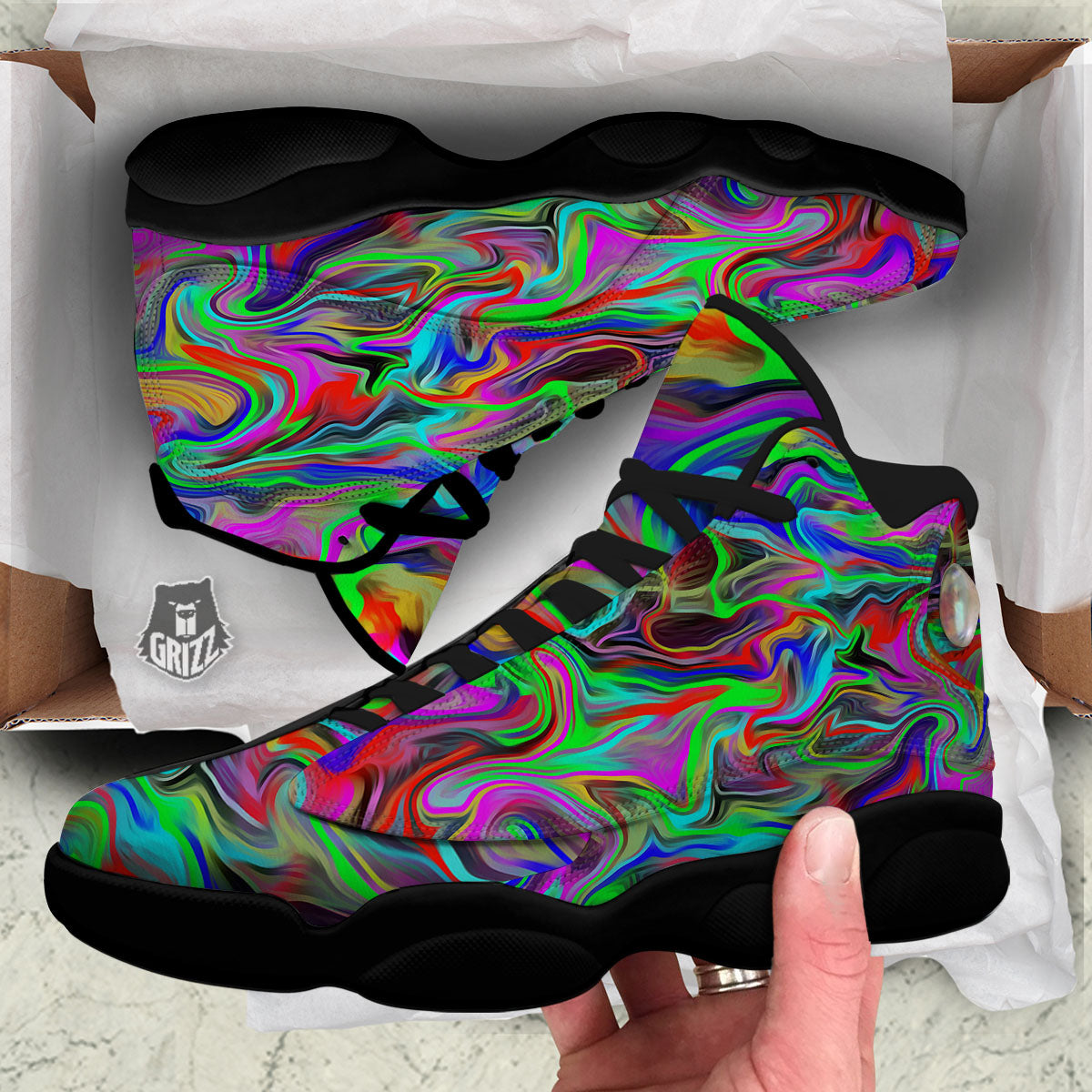 Psychedelic Trippy Neon Green Print Black Basketball Shoes-grizzshop