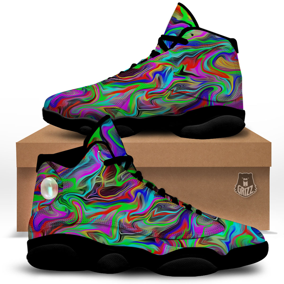 Psychedelic Trippy Neon Green Print Black Basketball Shoes-grizzshop