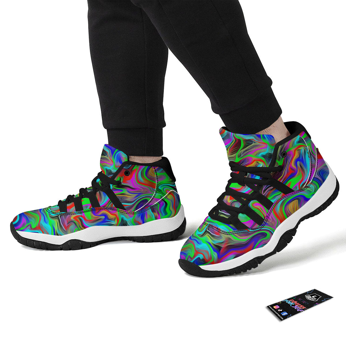 Psychedelic Trippy Neon Green Print Black Bball Shoes-grizzshop