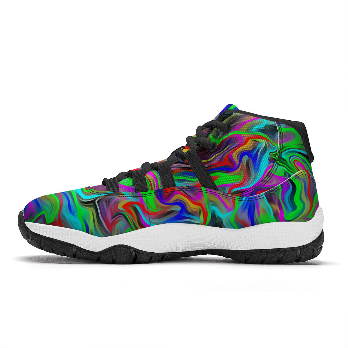 Psychedelic Trippy Neon Green Print Black Bball Shoes-grizzshop
