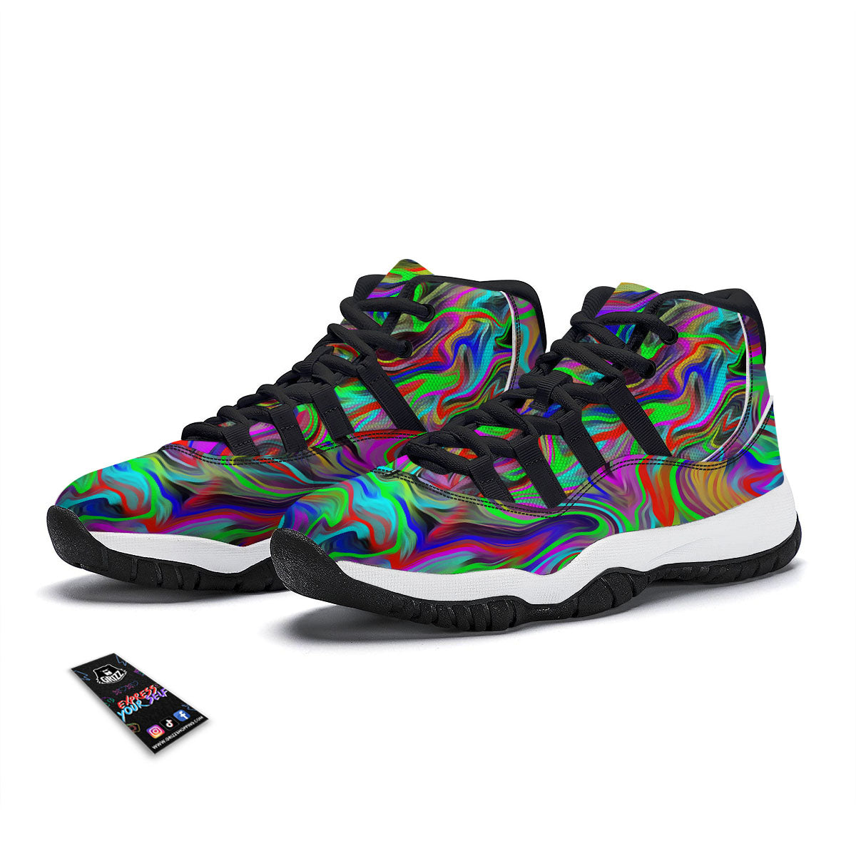 Psychedelic Trippy Neon Green Print Black Bball Shoes-grizzshop