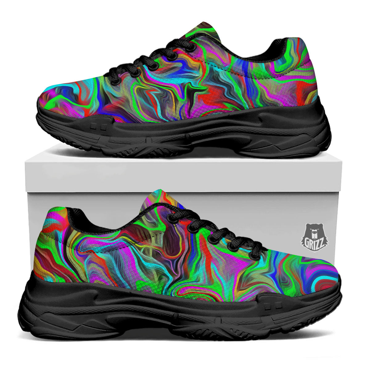 Psychedelic Trippy Neon Green Print Black Chunky Shoes-grizzshop