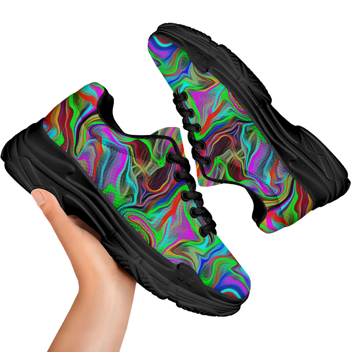 Psychedelic Trippy Neon Green Print Black Chunky Shoes-grizzshop