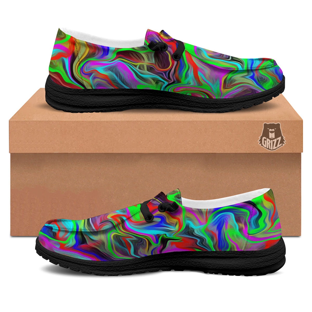 Psychedelic Trippy Neon Green Print Black Loafers-grizzshop