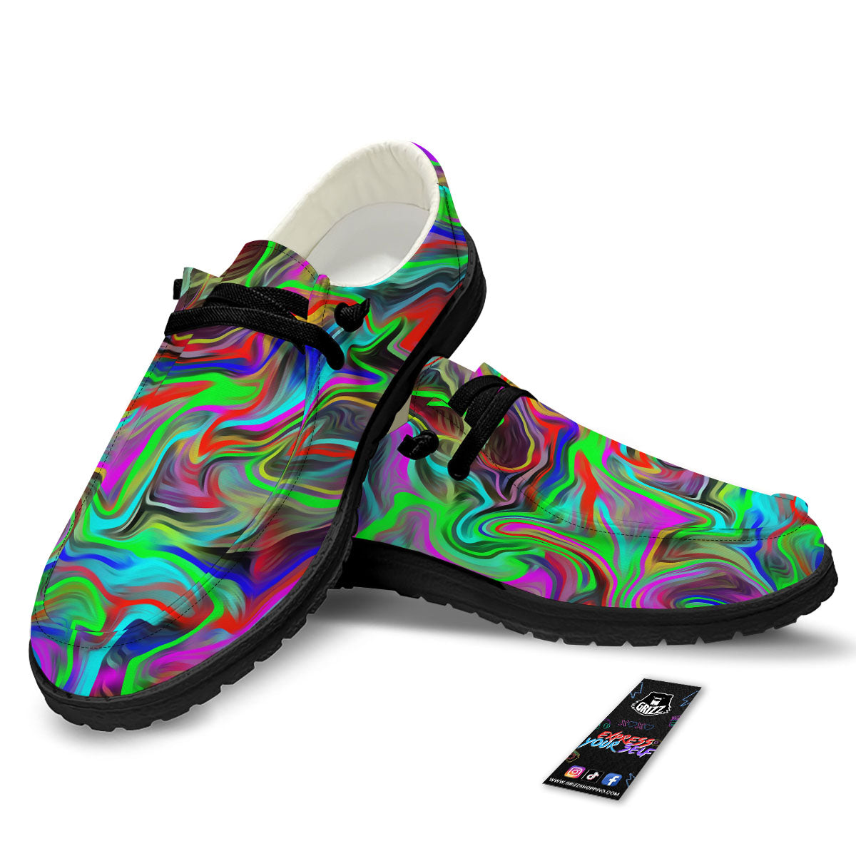 Psychedelic Trippy Neon Green Print Black Loafers-grizzshop