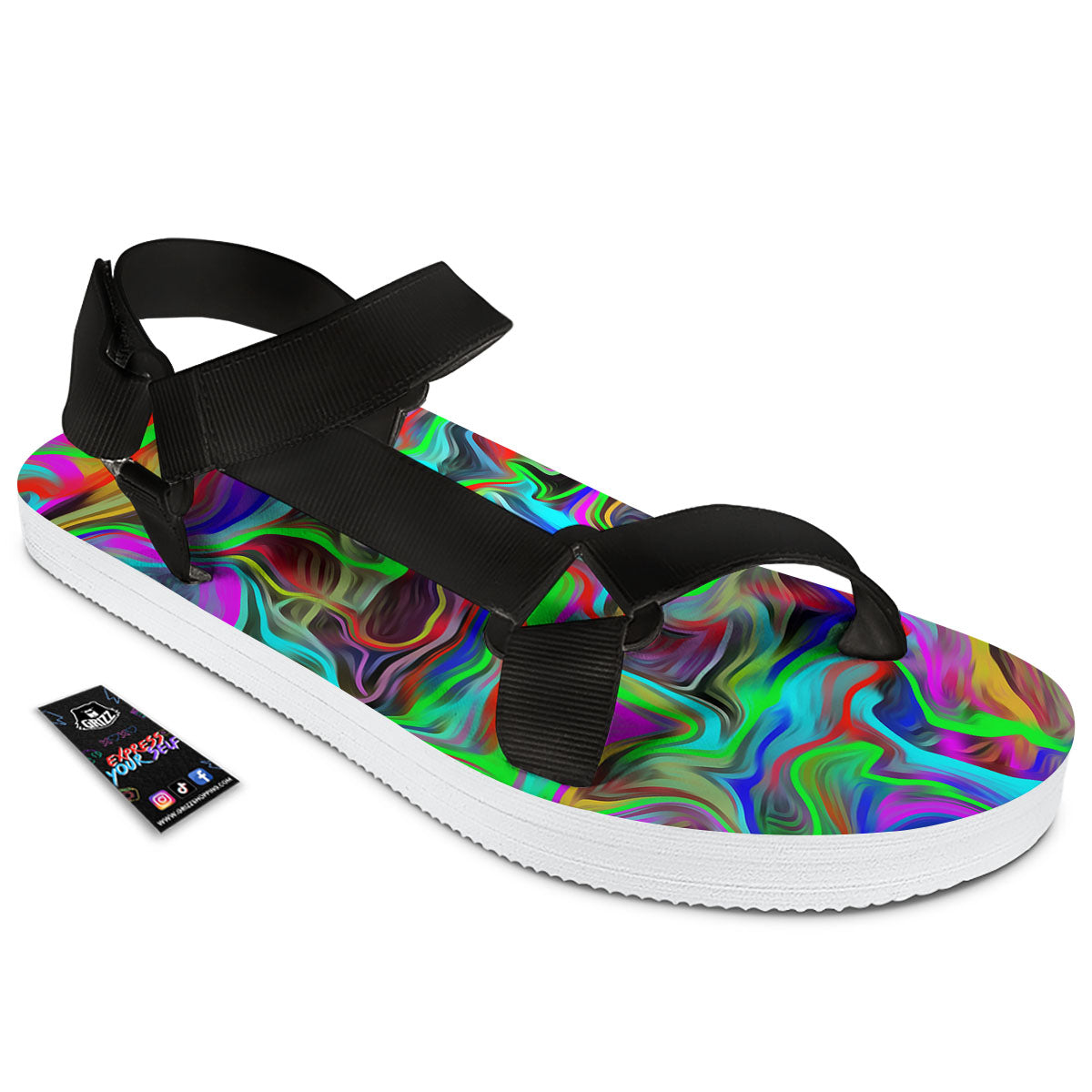 Psychedelic Trippy Neon Green Print Black Open Toe Sandals-grizzshop