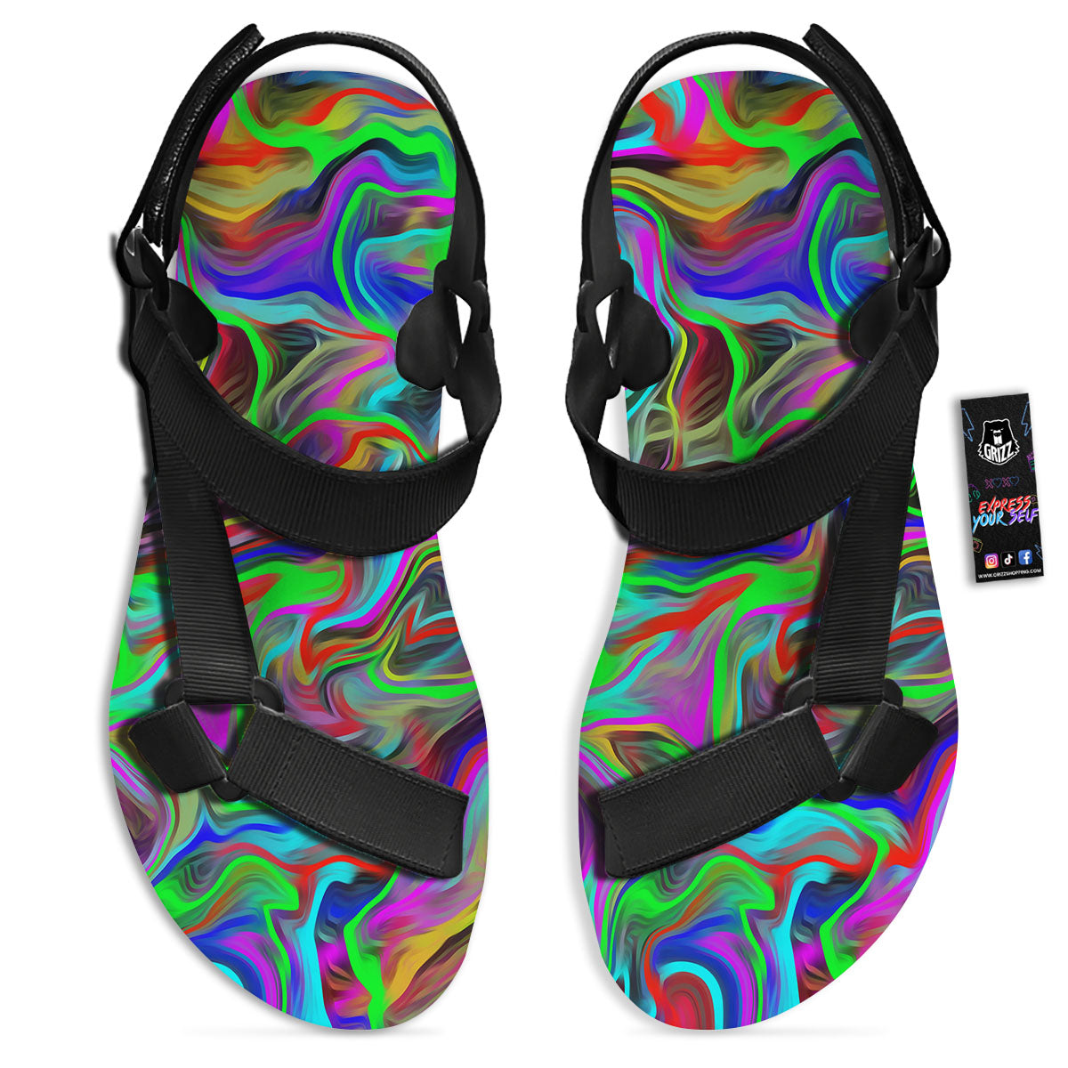 Psychedelic Trippy Neon Green Print Black Open Toe Sandals-grizzshop
