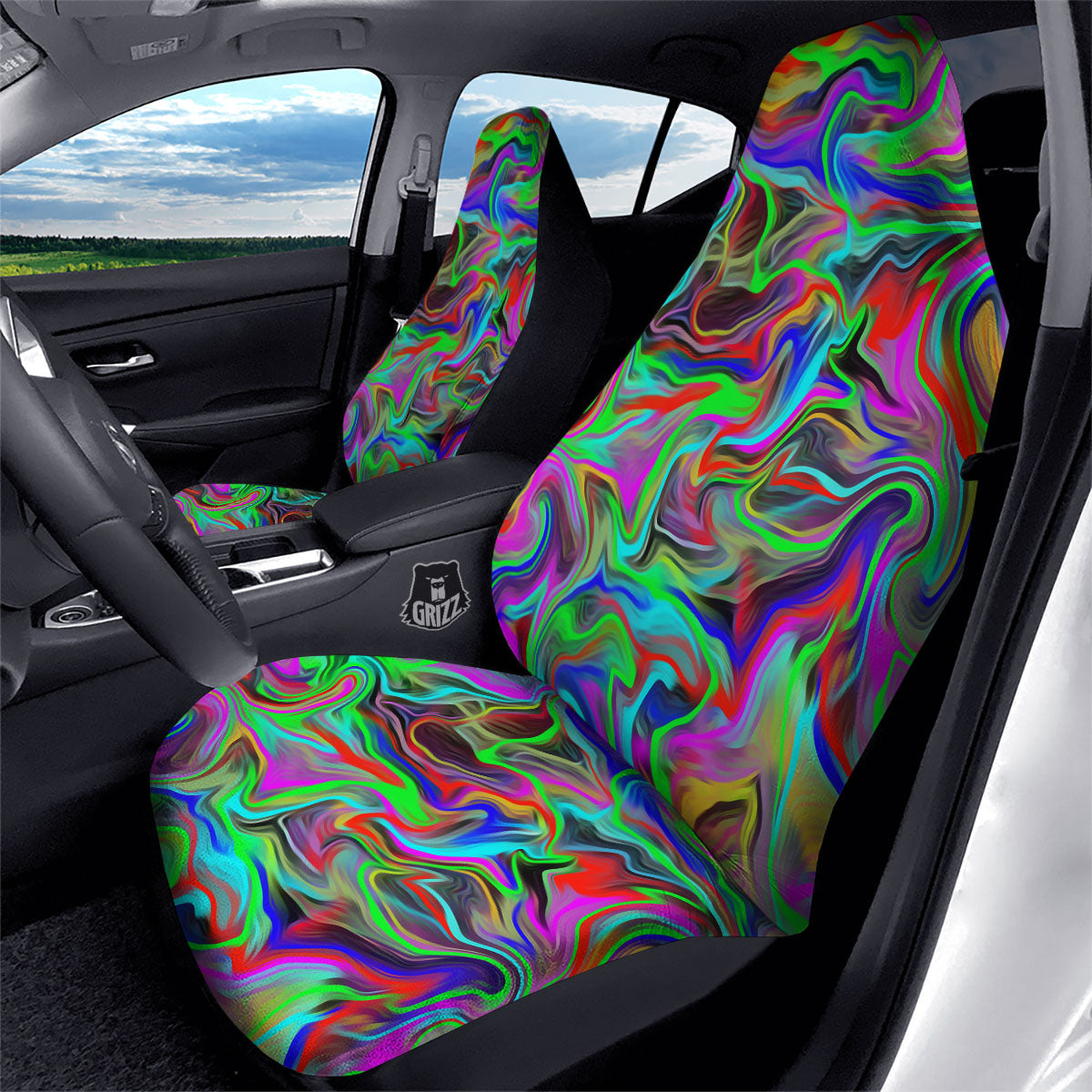 Psychedelic Trippy Neon Green Print Car Seat Covers-grizzshop