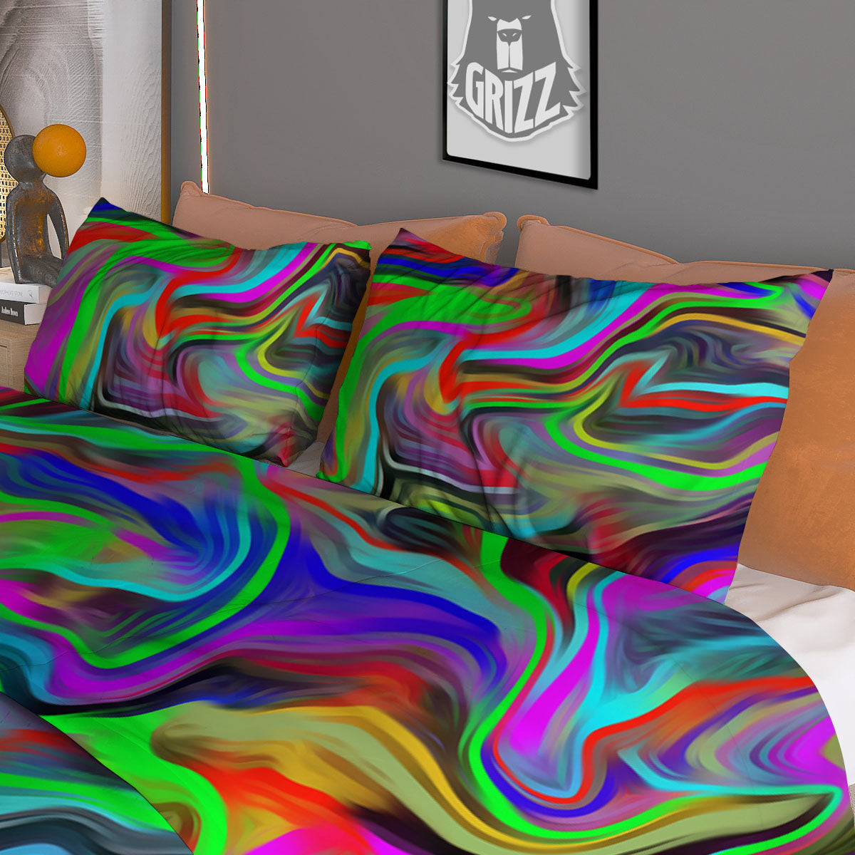 Psychedelic Trippy Neon Green Print Duvet Cover Bedding Set