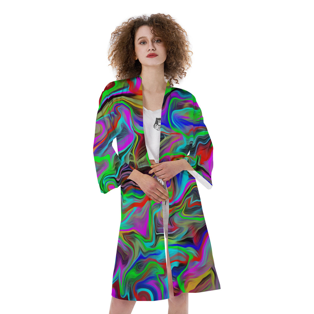Psychedelic Trippy Neon Green Print Kimono-grizzshop