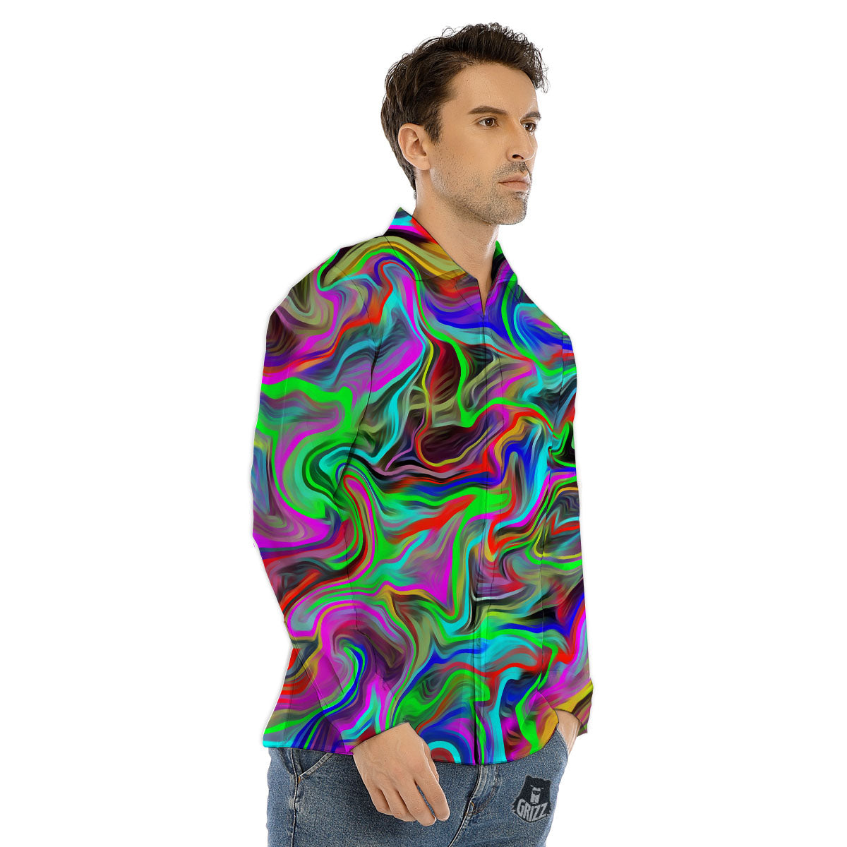 Psychedelic Trippy Neon Green Print Men's Dress Shirts-grizzshop