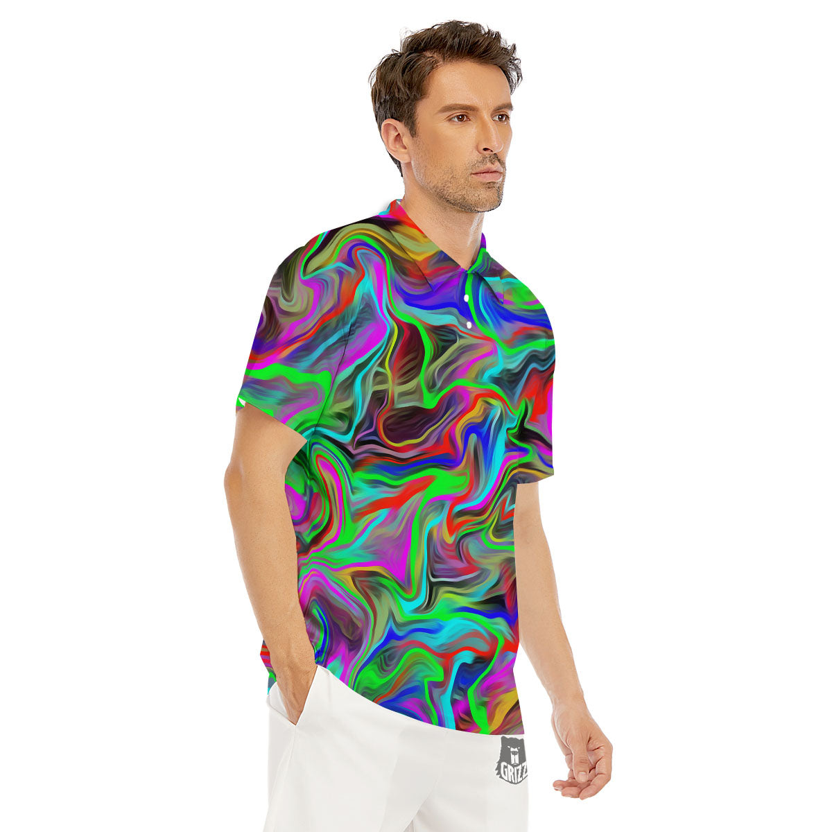 Psychedelic Trippy Neon Green Print Men's Golf Shirts-grizzshop