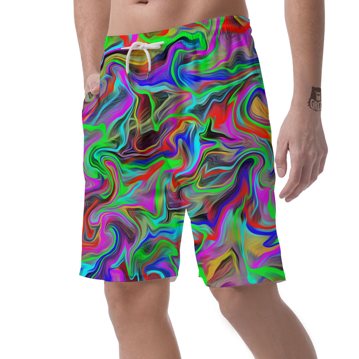 Psychedelic Trippy Neon Green Print Men's Shorts-grizzshop