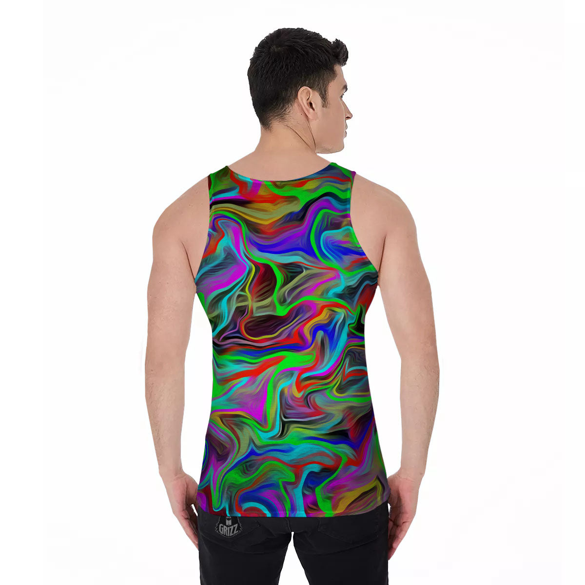 Psychedelic Trippy Neon Green Print Men's Tank Top-grizzshop