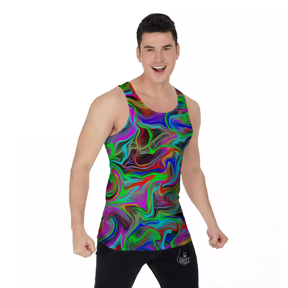 Psychedelic Trippy Neon Green Print Men's Tank Top-grizzshop
