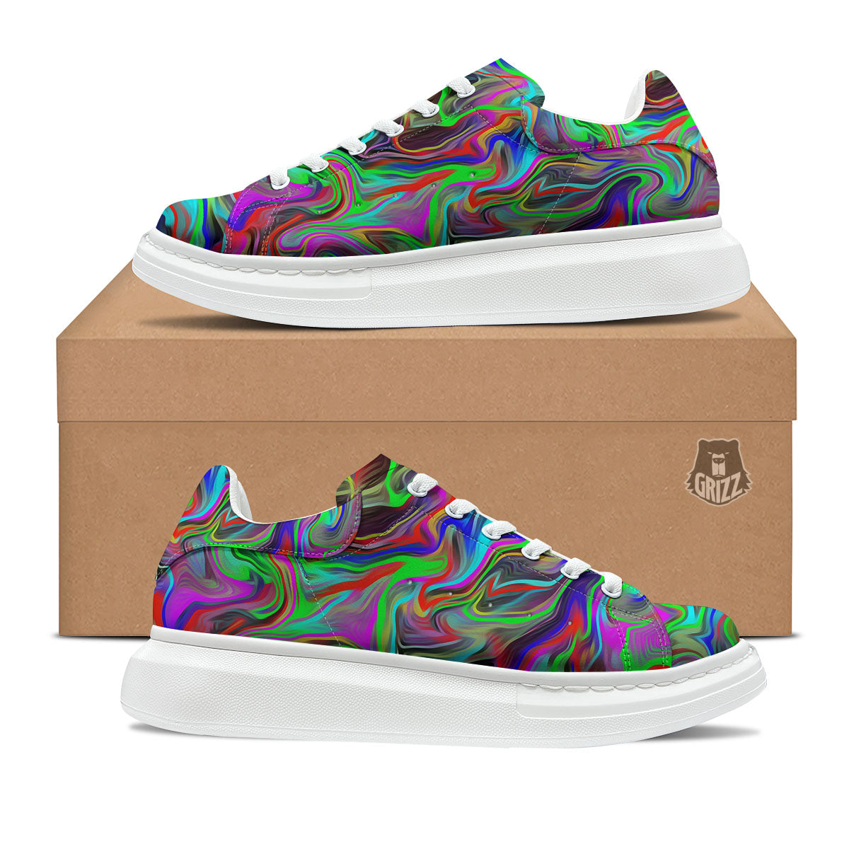 Psychedelic Trippy Neon Green Print Platform Shoes-grizzshop