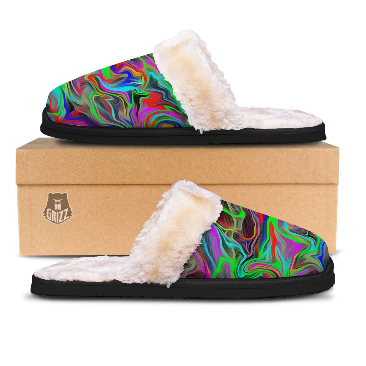 Psychedelic Trippy Neon Green Print Slippers-grizzshop