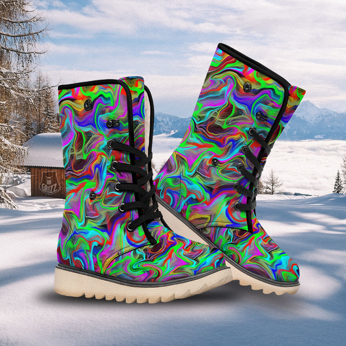 Psychedelic Trippy Neon Green Print Snow Boots-grizzshop