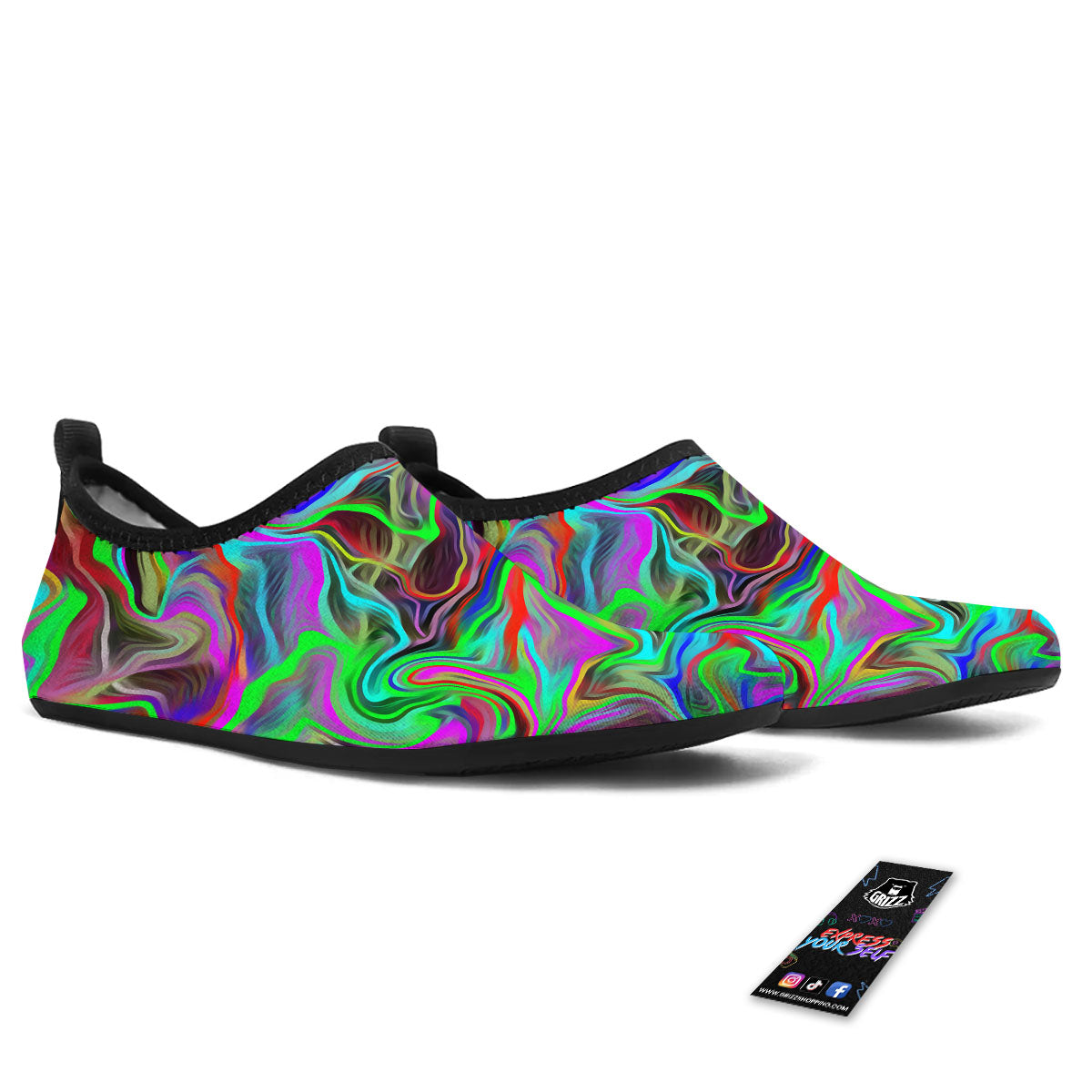 Psychedelic Trippy Neon Green Print Water Shoes-grizzshop