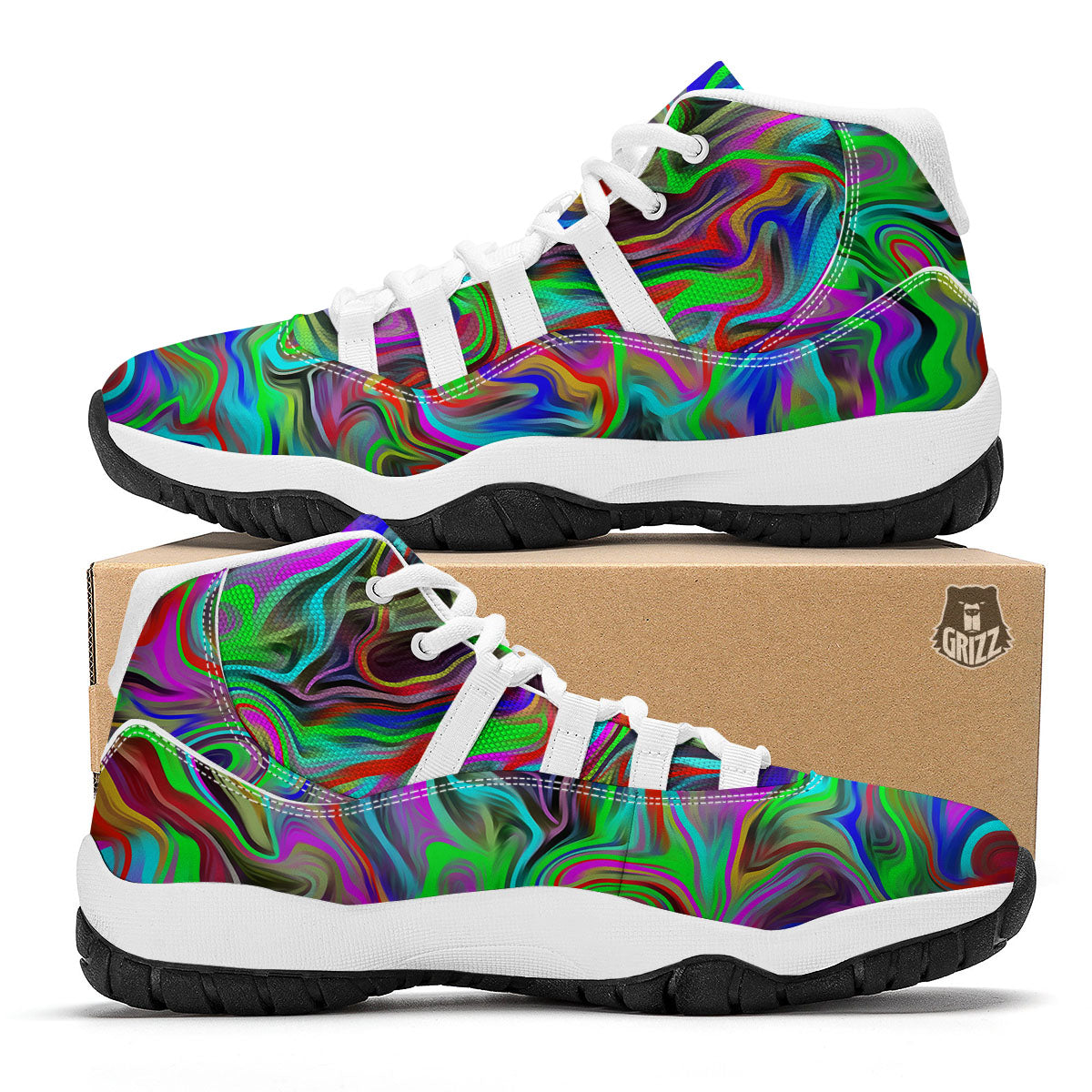 Psychedelic Trippy Neon Green Print White Bball Shoes-grizzshop
