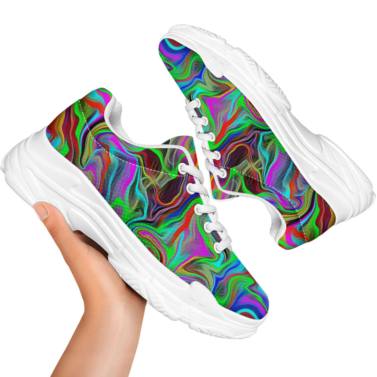 Psychedelic Trippy Neon Green Print White Chunky Shoes-grizzshop