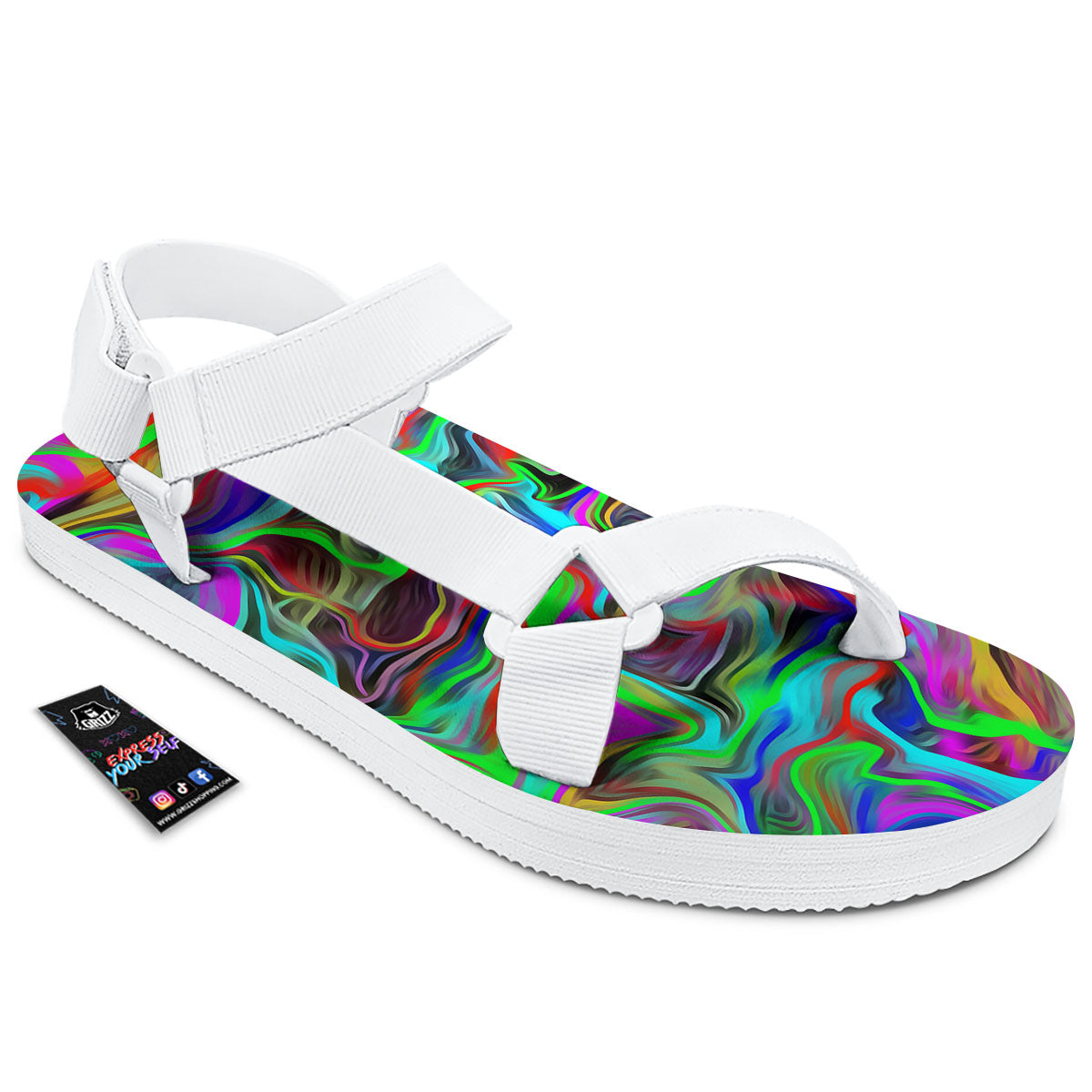 Psychedelic Trippy Neon Green Print White Open Toe Sandals-grizzshop