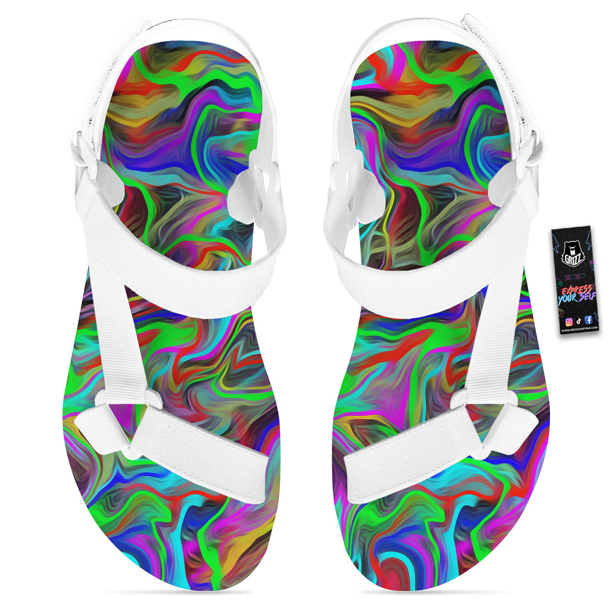 Psychedelic Trippy Neon Green Print White Open Toe Sandals-grizzshop